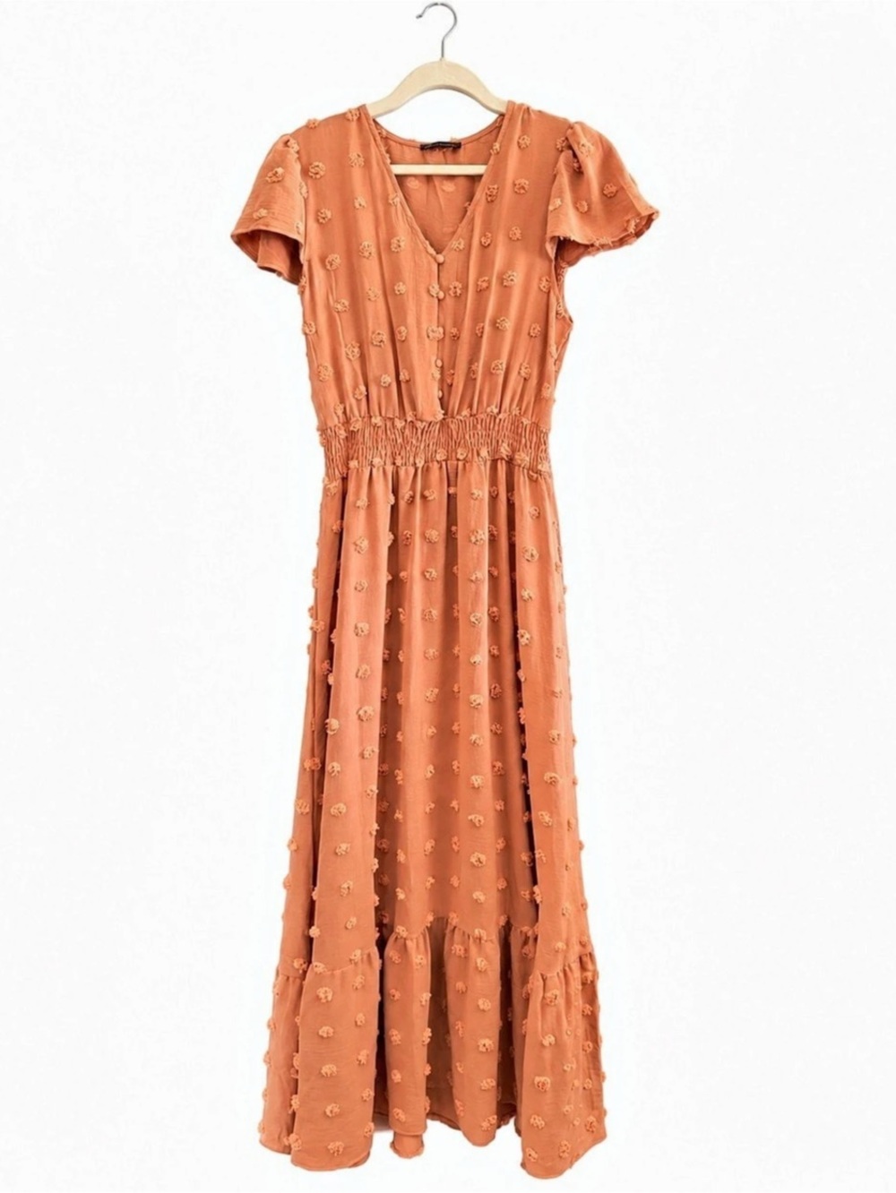 Women's Short Sleeve V-Neck Swiss Dot Smocked Maxi Dress Swiss Dot